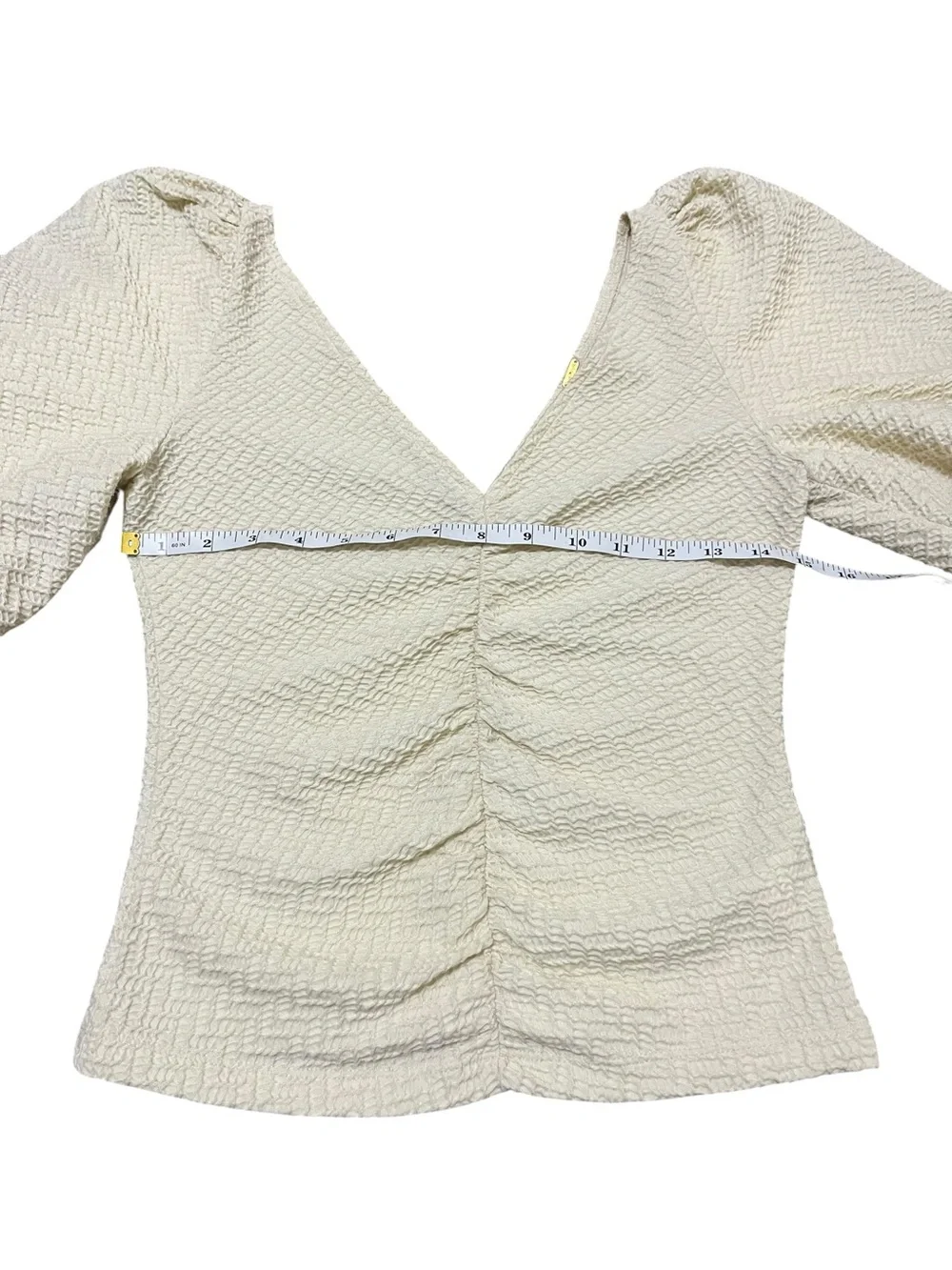 Free People Cream Textured V-Neck Puff Sleeve Top